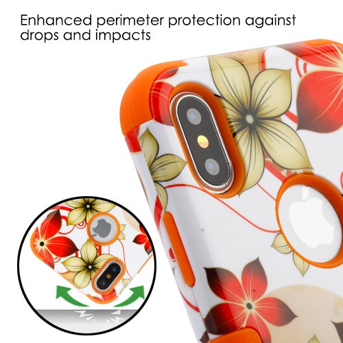 For Apple iPhone XS/X Hybrid Three Layer Hard PC Shockproof Heavy Duty TPU Rubber Anti-Drop Hibiscus Flower Orange Phone Case Cover