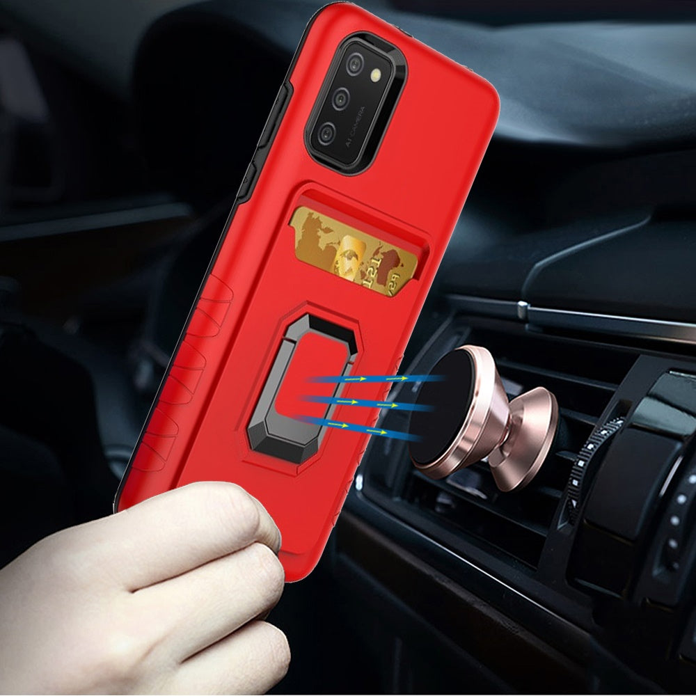 For Samsung Galaxy A02S Wallet Case Designed with Credit Card Holder & Ring Stand Kickstand Heavy Duty Hybrid Armor Red Phone Case Cover