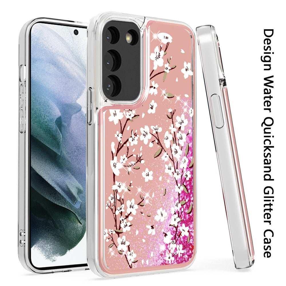 For Samsung Galaxy S22 /Plus Ultra Floral Design Quicksand Water Flowing Liquid Floating Colorful Glitter Bling Flower Fashion TPU Hybrid  Phone Case Cover