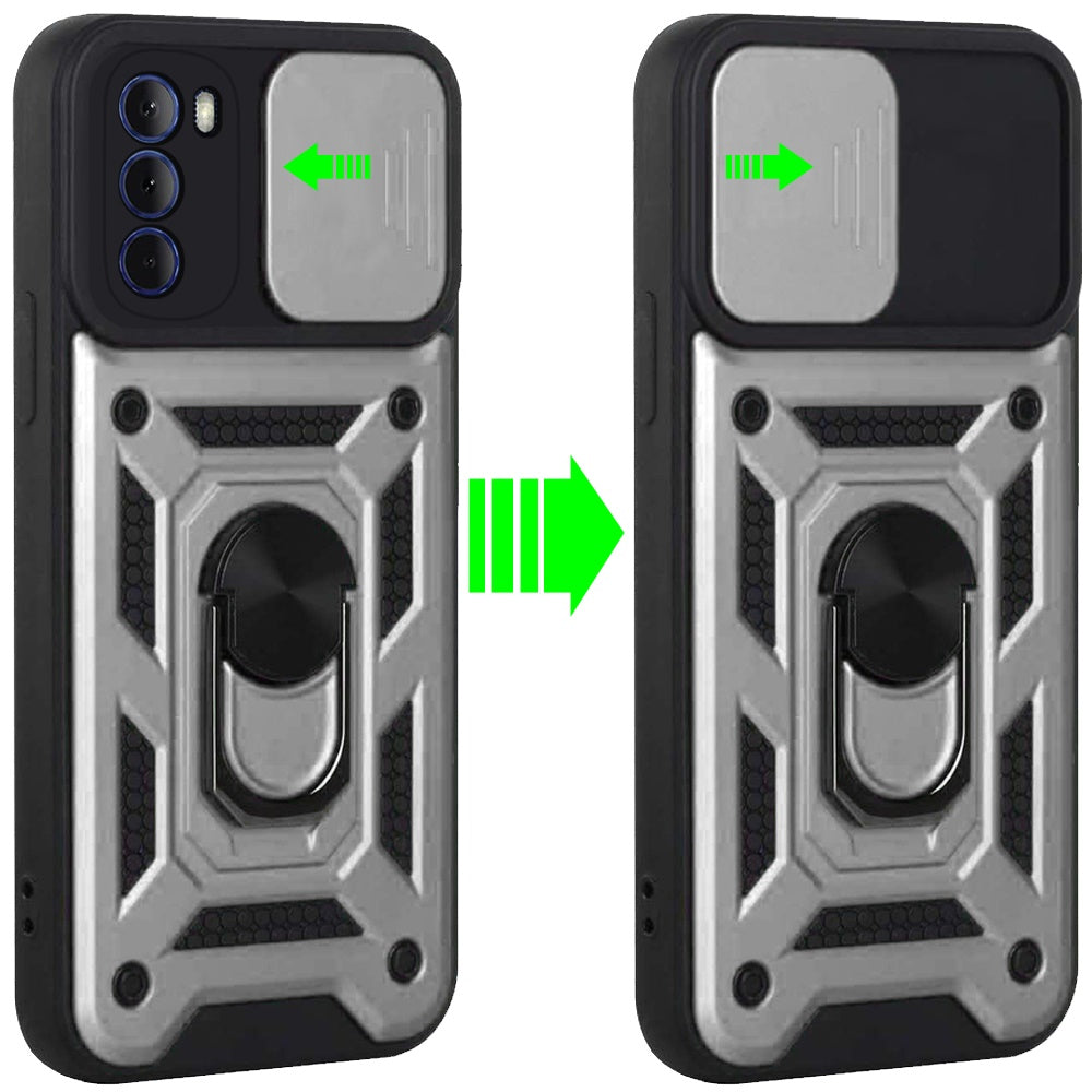 For Motorola Moto G 5G 2022 Hybrid Ring Holder Kickstand with Slide Camera Lens Cover, Rugged Dual Layer Heavy Duty Silver Phone Case Cover