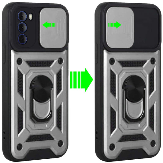 For Motorola Moto G 5G 2022 Hybrid Ring Holder Kickstand with Slide Camera Lens Cover, Rugged Dual Layer Heavy Duty Silver Phone Case Cover