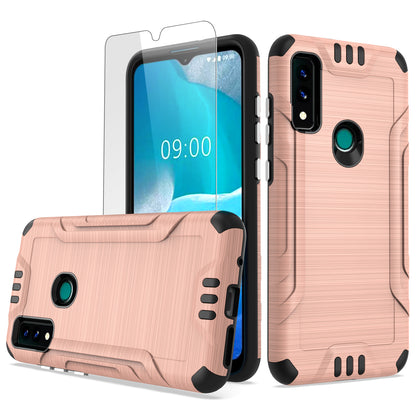 For AT&T Maestro 3 Hybrid Dual Layer Slim Metallic Brush Texture Hard PC TPU Rubber with Screen Protector Tempered Glass  Phone Case Cover