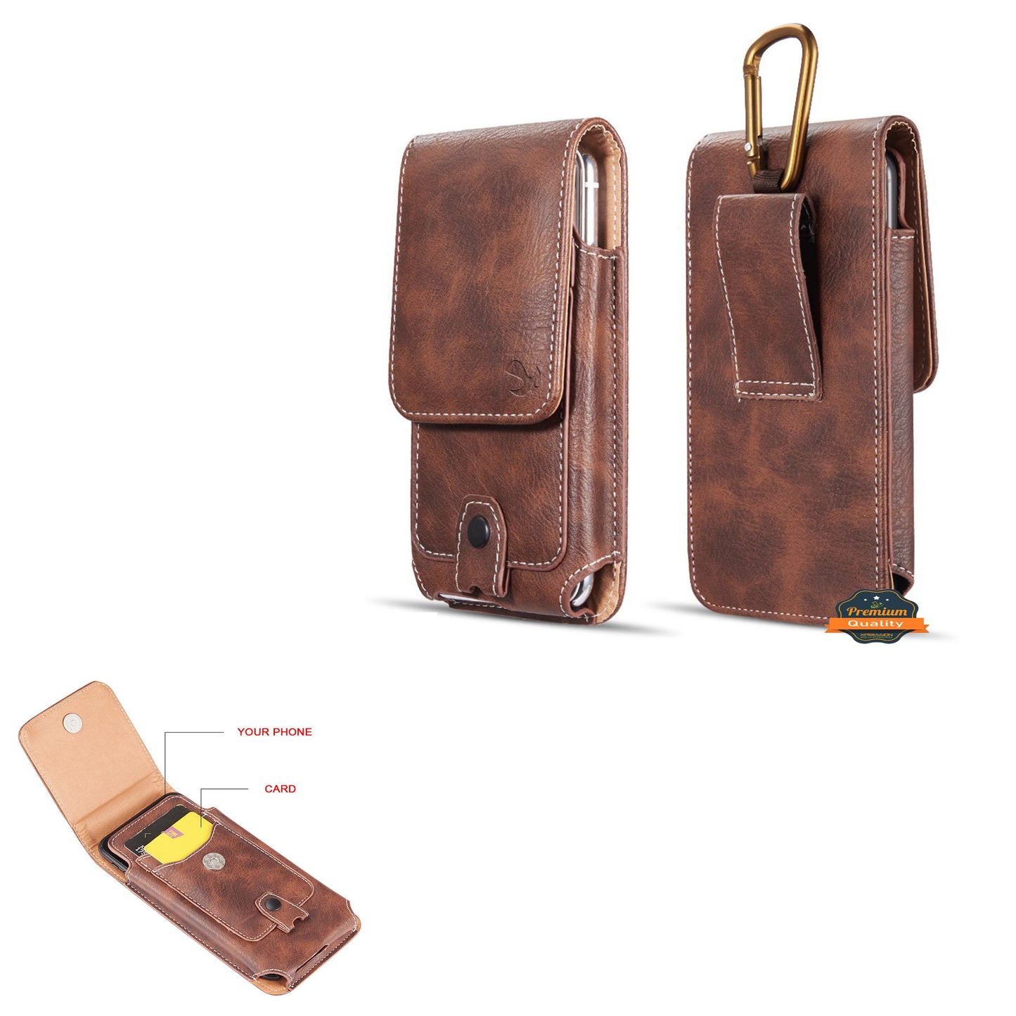 For Nokia C200 Universal Vertical Leather Case Holster with Credit Card Holder, Belt Loop & Carabiner Carrying Phone Pouch [Brown]