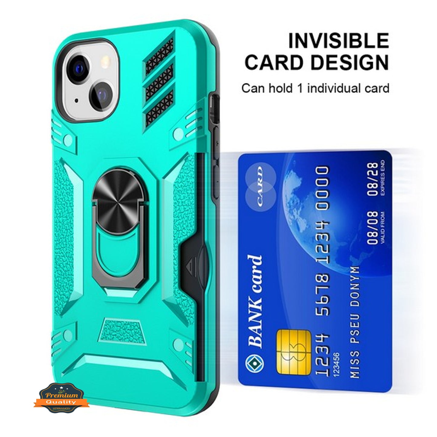 For Apple iPhone 14 /Plus Pro Max Invisible Wallet Credit Card Holder Ring Stand Kickstand Heavy Duty Shockproof Hybrid  Phone Case Cover