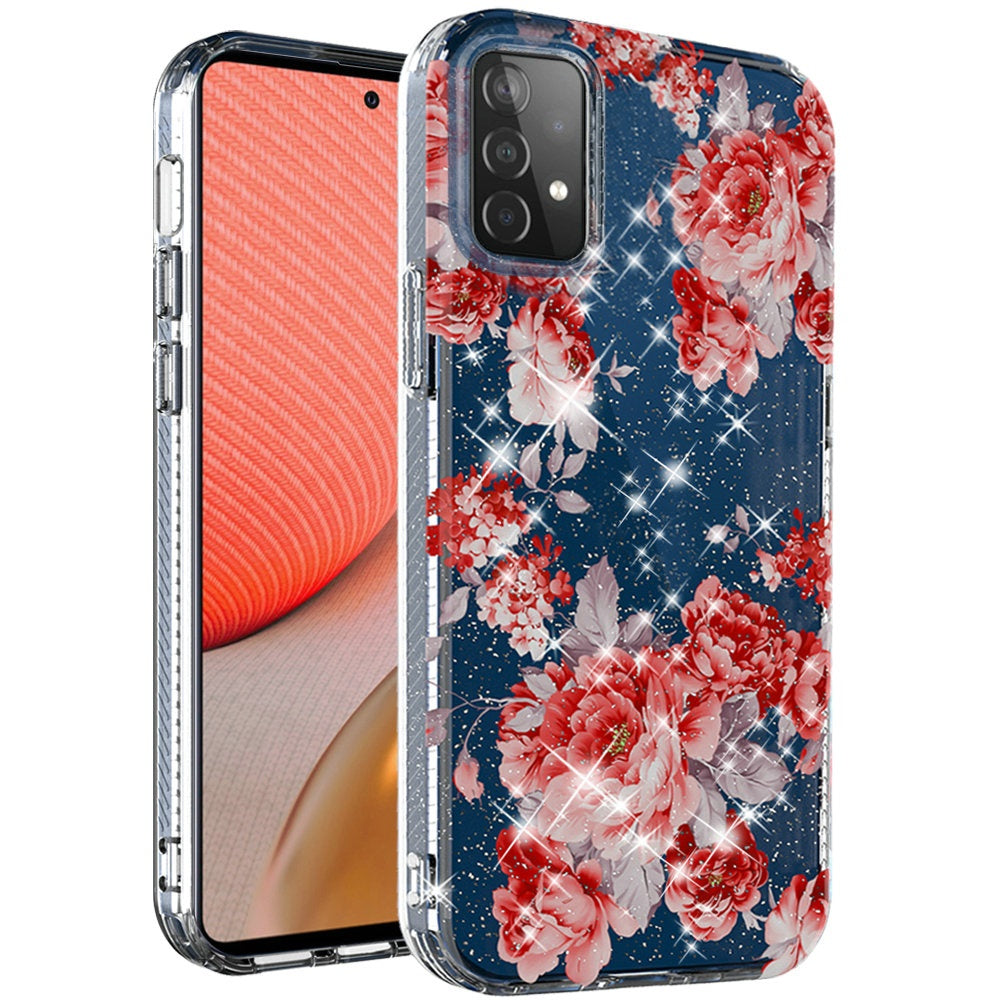 For Samsung Galaxy A72 5G Slim Hybrid Shiny Glitter Clear Floral Pattern Bloom Flower Design TPU Gel Hard PC Back  Phone Case Cover