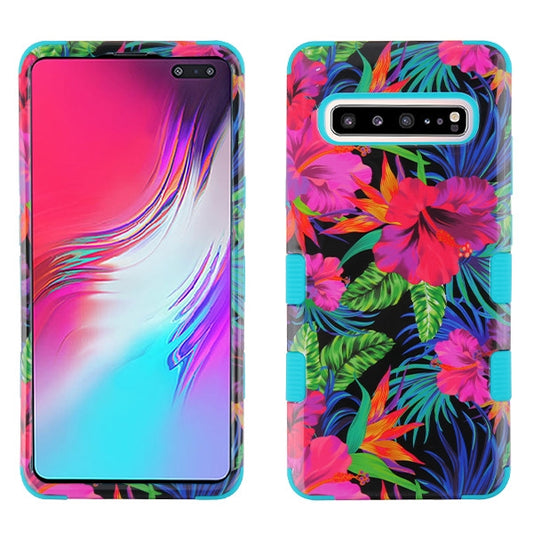 For Samsung Galaxy S10 5G (6.7") Hybrid Three Layer Hard PC Shockproof Heavy Duty TPU Rubber Anti-Drop Hibiscus Tropical Flowers Phone Case Cover