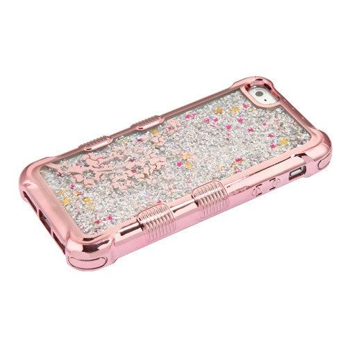 For Apple iPhone 5s/5 / SE Quicksand Liquid Glitter Bling Hybrid Image Flowing Sparkle Protector Skin Spring Flowers Phone Case Cover