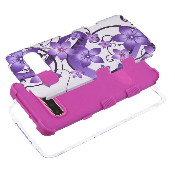For Samsung Galaxy S10 5G (6.7") Hybrid Three Layer Hard PC Shockproof Heavy Duty TPU Rubber Anti-Drop Purple Hibiscus Phone Case Cover