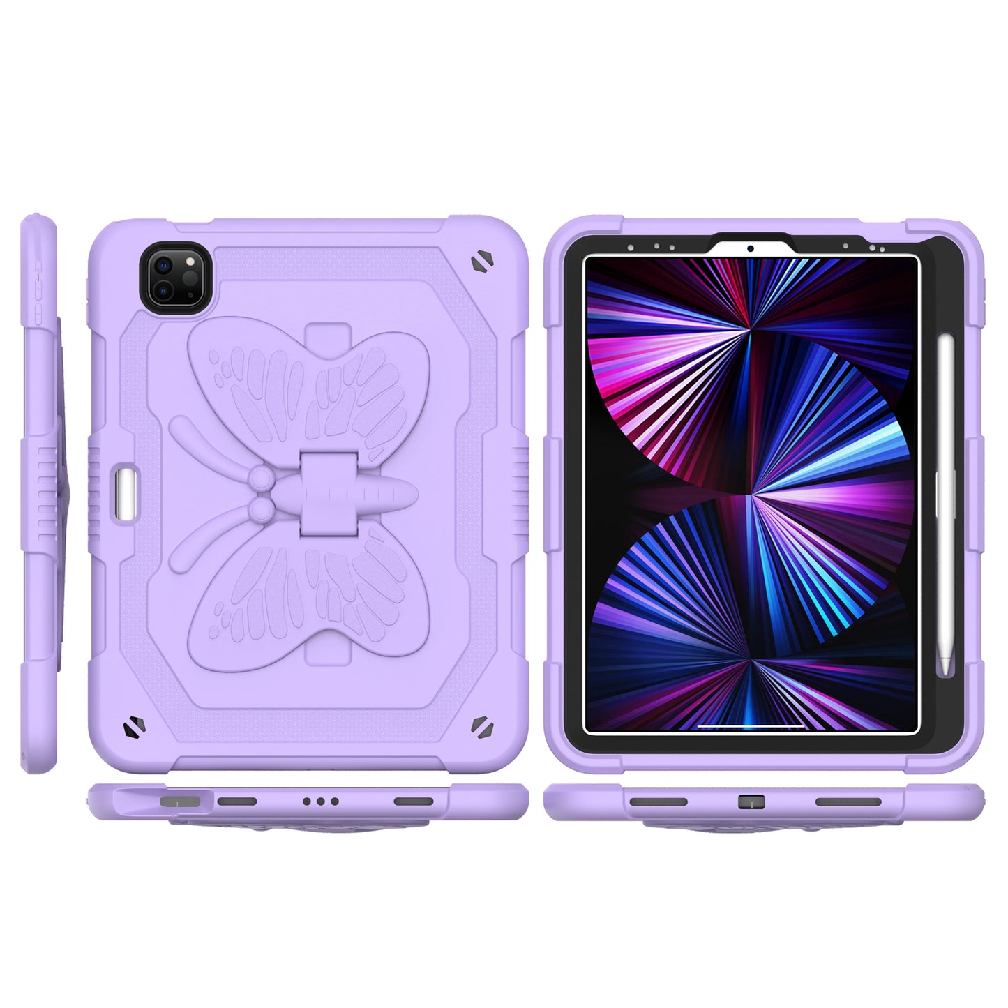 Case for Apple iPad Air 4 / iPad Air 5 / iPad Pro (11 inch) Butterfly Wings Kickstand 3in1 Tough Hybrid with Pencil Holder Heavy Duty Rugged Shockproof Full Protective Purple Tablet Cover