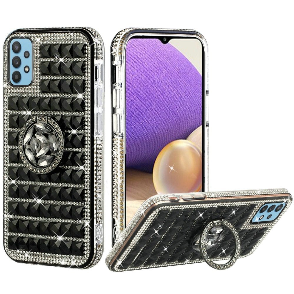 For Apple iPhone 11 (6.1") Luxury 3D Bling Diamonds Rhinestone Jeweled Shiny Crystal Hybrid TPU Hard with Ring Stand Holder Black Phone Case Cover