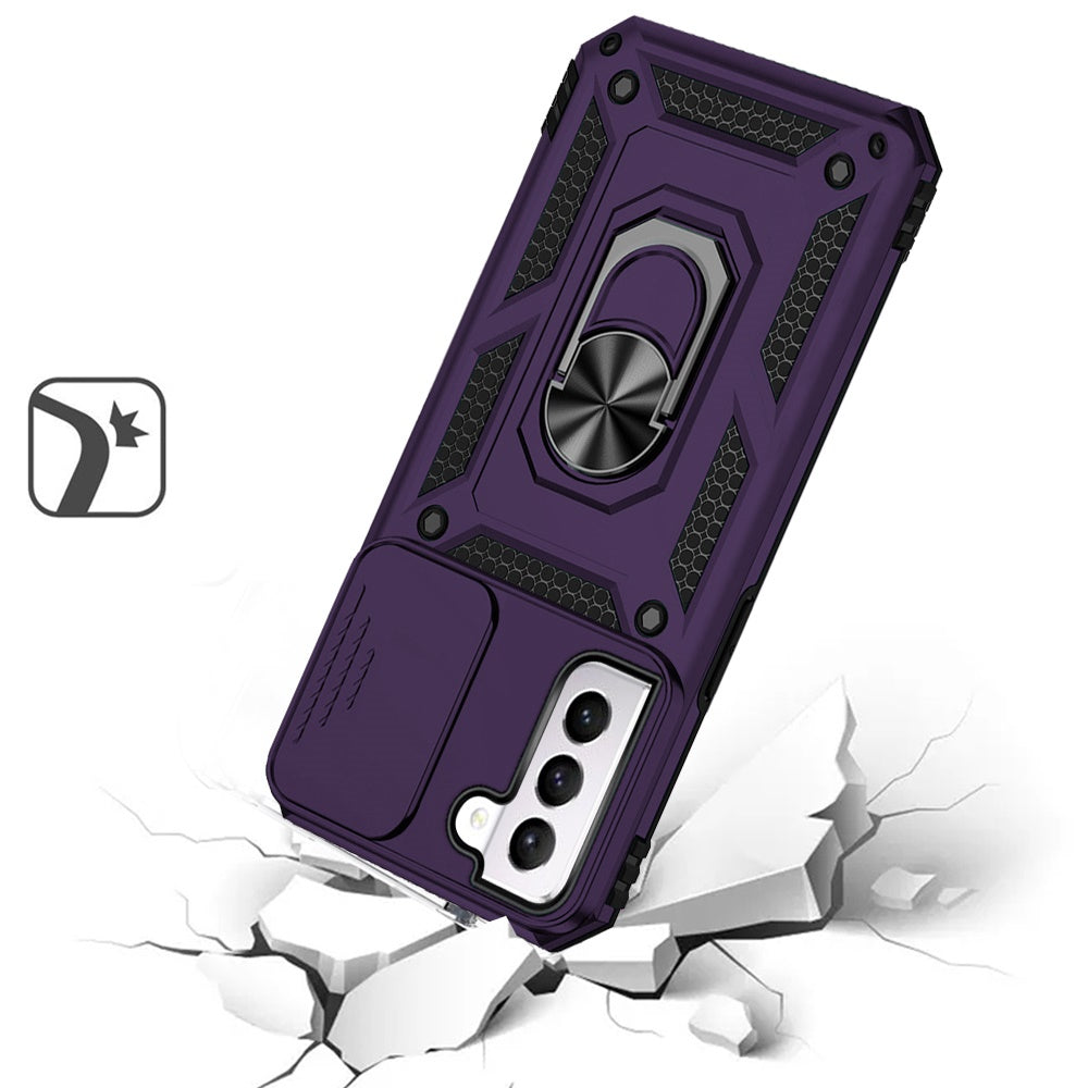 For Samsung Galaxy S22 Ultra Hybrid Case with Stand, Camera Lens Protection & 360° Rotate Ring, Shockproof, Soft Bumper Purple Phone Case Cover