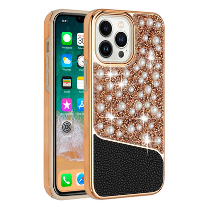 For Apple iPhone 14 (6.1") Bling Pearl Diamonds Design Glitter Hybrid Thick Hard TPU Shiny Protective Rubber Frame  Phone Case Cover