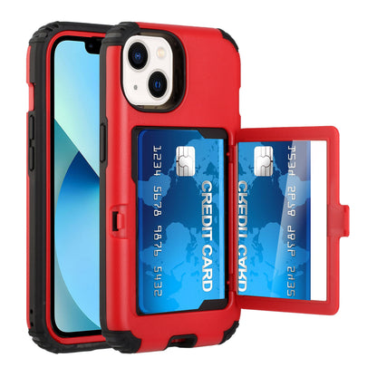 For Apple iPhone 13 /Pro Max Wallet Design with Credit Card Holder and Hidden Back Mirror Stand Heavy Duty Hybrid Shockproof Armor  Phone Case Cover
