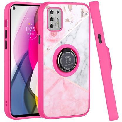 For Motorola Moto G 5G 2022 Marble Design with Magnetic Ring Kickstand Holder Hybrid TPU Hard PC Shockproof Armor Elegant Pink Phone Case Cover