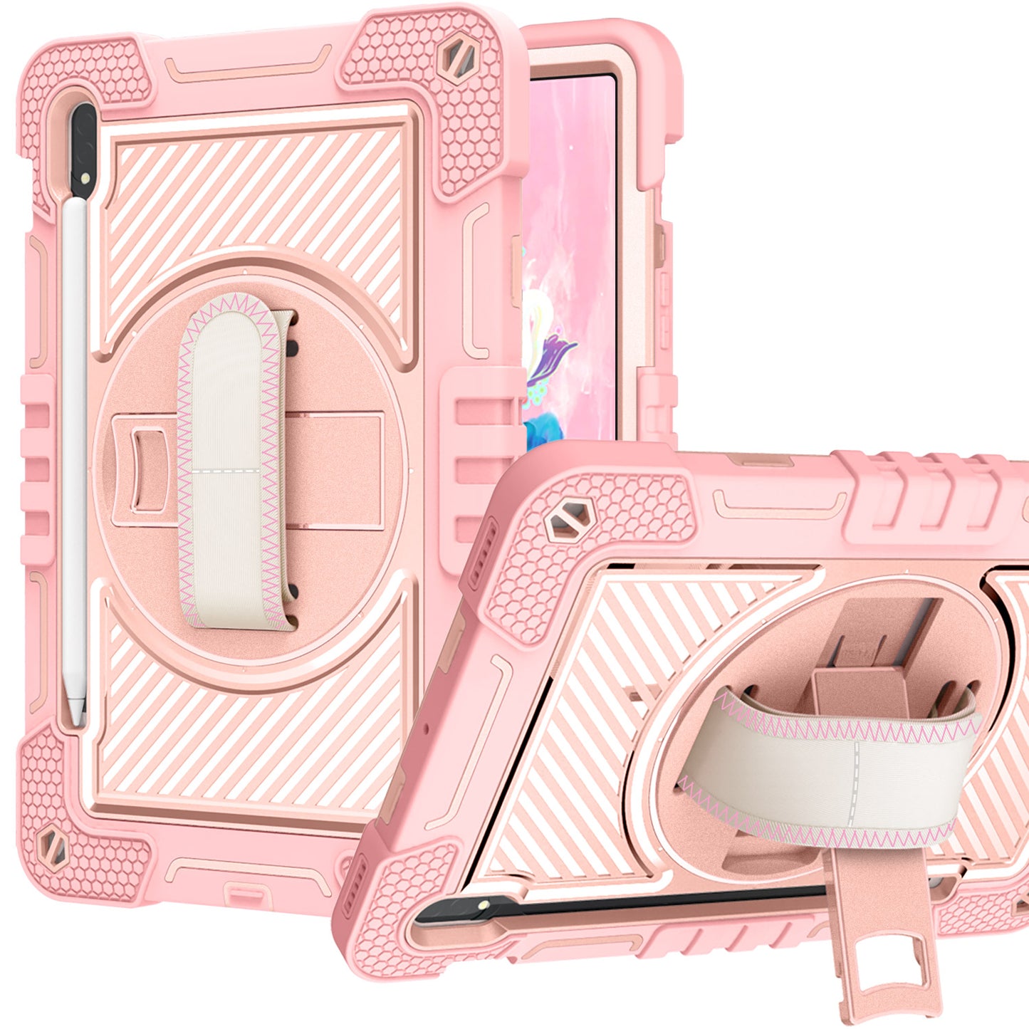 Case for Samsung Galaxy Tab A8 10.5 inch (2022) Hybrid 3in1 Multi-Functional Tablet Case with Hand, Shoulder Strap, Pencil & Stand Holder Rose Gold Tablet Cover