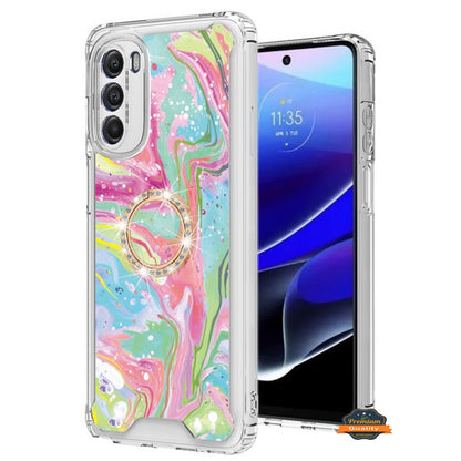 For Motorola Moto G Stylus 5G 2022 Fashion Design Pattern Flowers Hybrid Ring Kickstand Bling Diamond Hard PC TPU  Phone Case Cover