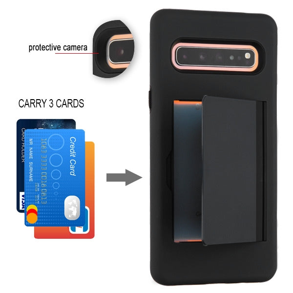 For Samsung Galaxy S10 5G (6.7") Credit Card Wallet Back Storage Invisible Pocket Dual Layer Hard PC TPU Hybrid Protective Black Phone Case Cover