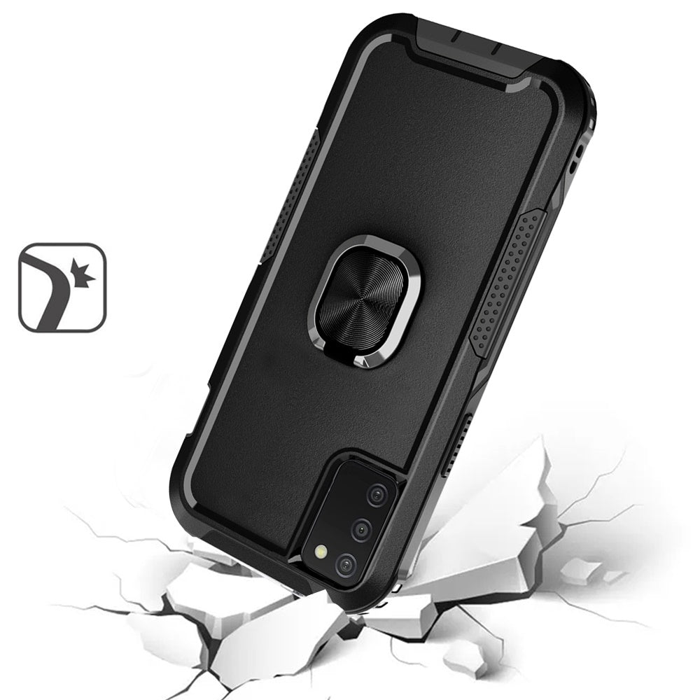 For Samsung Galaxy A03S Heavy Duty 3in1 Magnetic Ring Kickstand Stand Hybrid Shockproof Military-Grade Drop Protection Black Phone Case Cover