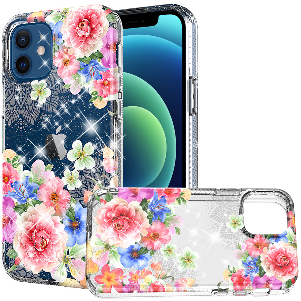 For Apple iPhone XR Stylish Slim Hybrid Shiny Glitter Clear Floral Pattern Bloom Flower Design TPU Gel Hard PC Back  Phone Case Cover