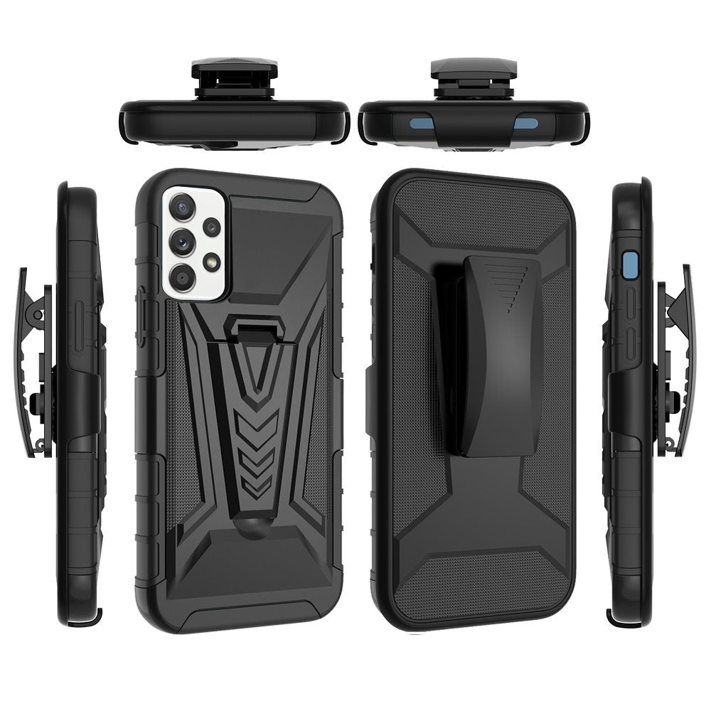 For Samsung Galaxy A32 5G 3 in 1 Rugged Swivel Belt Clip Holster Heavy Duty Hybrid Armor Rubber TPU with Kickstand Stand Black Phone Case Cover