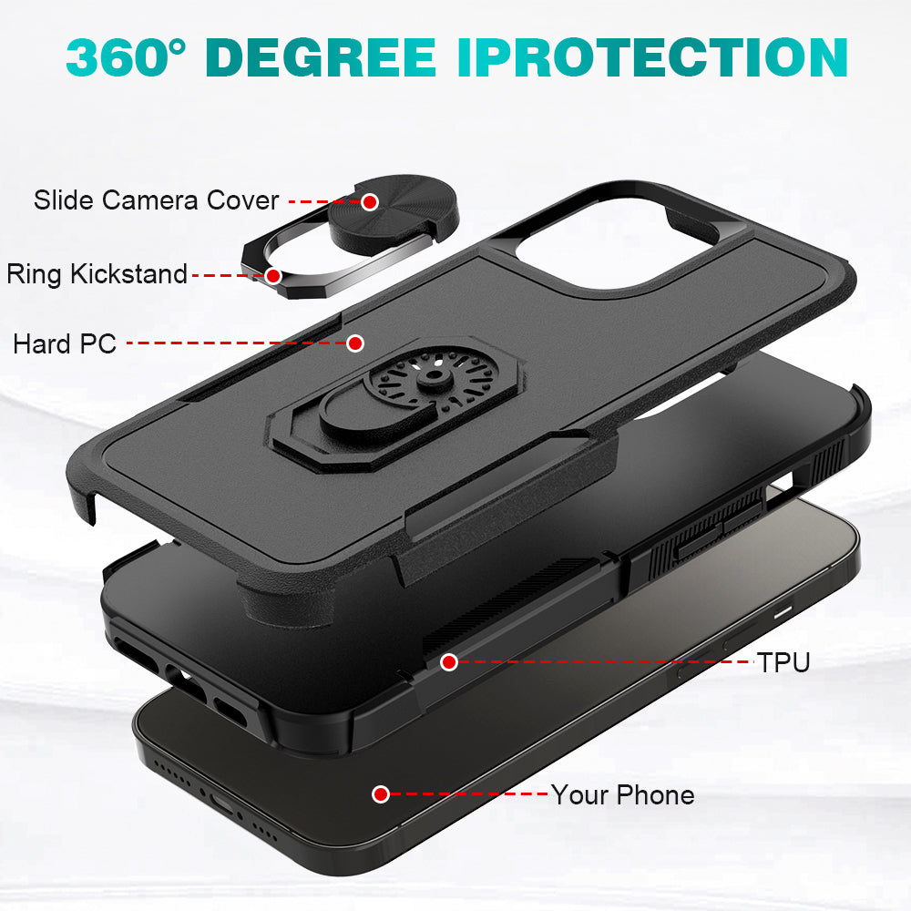 For Apple iPhone 14 (6.1") Hybrid Rugged Hard Drop-Proof 3 Layer Protection Military Grade Armor with Metal Ring Stand  Phone Case Cover