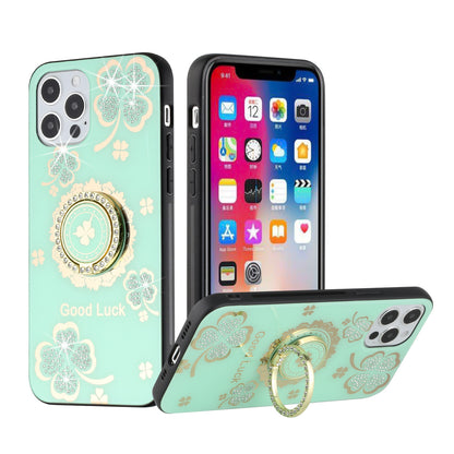 For OnePlus Nord N20 5G Diamond Bling Sparkly Glitter Ornaments Hybrid with Ring Kickstand Rugged Fashion Teal Good Luck Floral Phone Case Cover