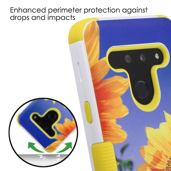 For LG G8 ThinQ Pattern Design Hybrid Three Layer Hard PC Shockproof Heavy Duty TPU Rubber Anti-Drop Sunflower Phone Case Cover