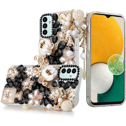 For Apple iPhone 12 /12 Pro (6.1") Bling Crystal 3D Full Diamonds Pearl Luxury Sparkle Rhinestone Glitter Hybrid Ultimate Multi Ornament Black Phone Case Cover