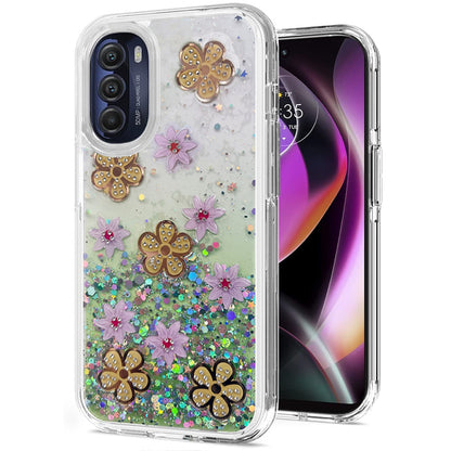 For Motorola Moto G 5G 2022 Floral Stylish Design Glitter Shiny Hybrid Rubber TPU Hard PC Shockproof Armor Slim Fit  Phone Case Cover