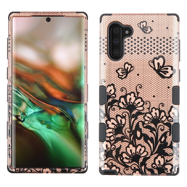 For Samsung Galaxy S10 5G (6.7") Hybrid Three Layer Hard PC Shockproof Heavy Duty TPU Rubber Anti-Drop Rose Gold Lace Flowers Phone Case Cover