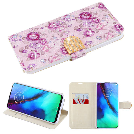 For Motorola Moto G Stylus (2020) Design PU Leather Wallet Diamond Bling with Credit Card Slot Storage Flip Pouch Purple Flowers Phone Case Cover