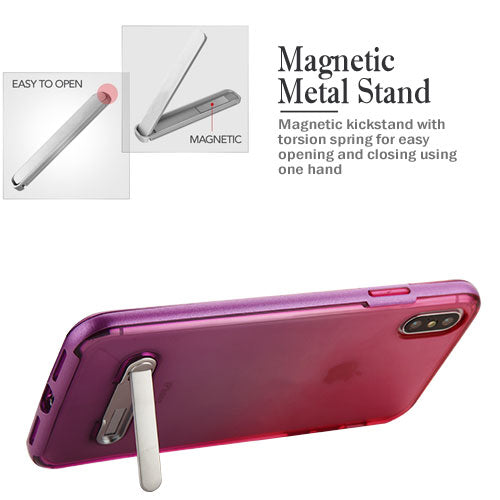 For Apple iPhone XS Max Slim Hybrid Transparent Rubber Gummy Hard PC with Kickstand Protective Purple Pink Phone Case Cover