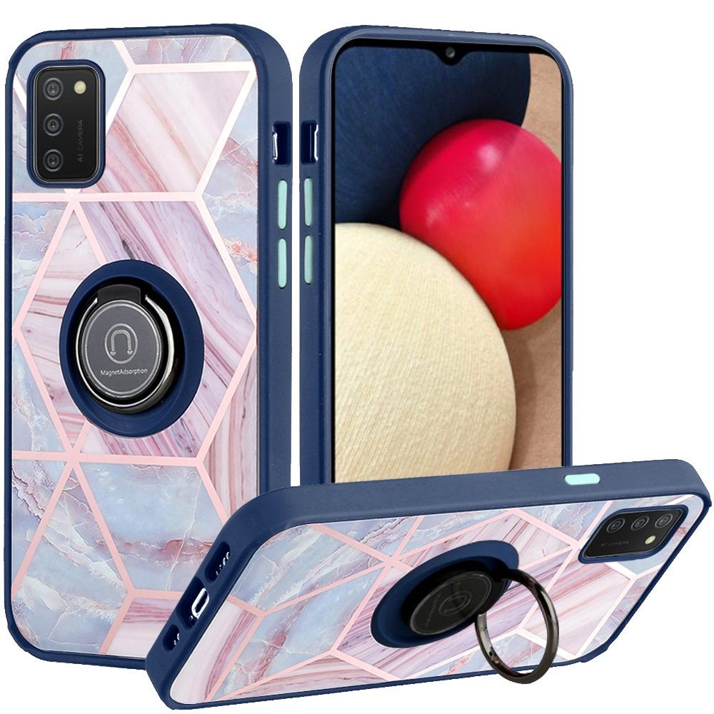 For Samsung Galaxy A02S Unique Marble Design with Magnetic Ring Kickstand Holder Hybrid TPU Hard PC Armor Shockproof  Phone Case Cover