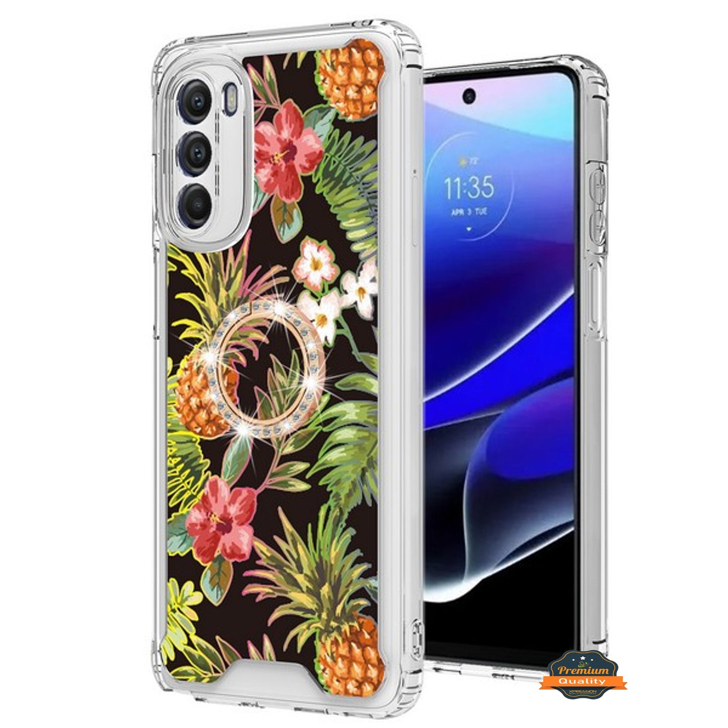 For Motorola Moto G Stylus 5G 2022 Fashion Design Pattern Flowers Hybrid Ring Kickstand Bling Diamond Hard PC TPU  Phone Case Cover