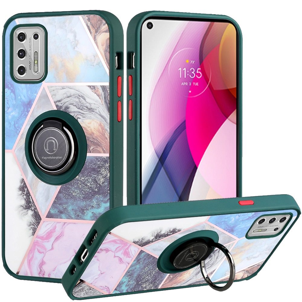 For Motorola Moto G Stylus 4G 2022 Unique Marble Design with Magnetic Ring Kickstand Holder Hybrid TPU Hard PC Armor  Phone Case Cover