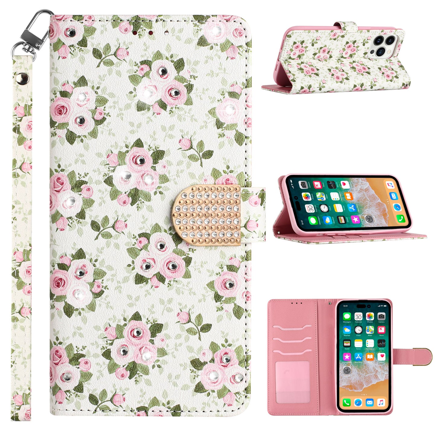 For Apple iPhone 14 (6.1") Fashion Diamond Bling Design Wallet Pouch Card Slots PU Leather With Lanyard  Phone Case Cover