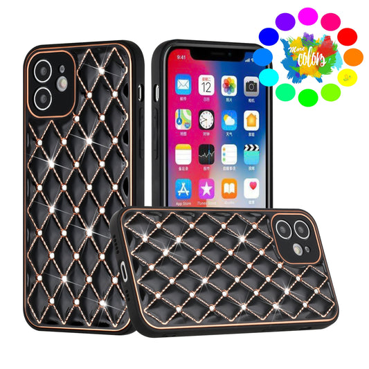 For Apple iPhone 14 (6.1") Luxury Diamonds on Electroplated Grid Design Rhinestone Protective TPU Hard PC  Phone Case Cover