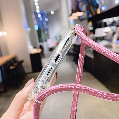 For Apple iPhone 11 Pro Max Slim Fit Hybrid Transparent Rubber Gummy Hard PC Soft Silicone with Lanyard Clear / Pink Phone Case Cover