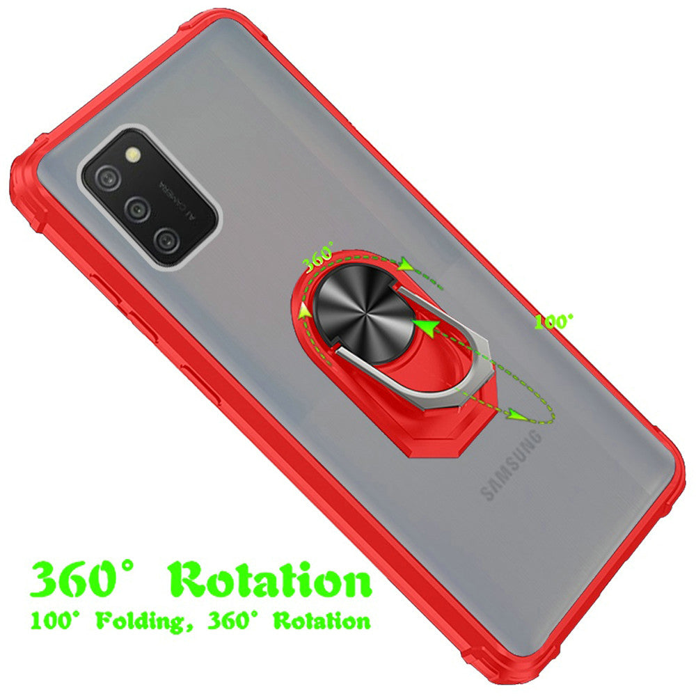 For Samsung Galaxy A02S Clear Silicone Shockproof Tuff Hybrid Protection Cover Transparent TPU with Magnetic Ring Kickstand Red Phone Case Cover