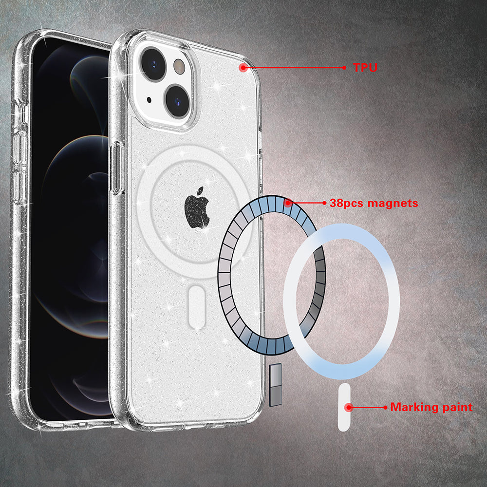 For Apple iPhone 14 /Plus Pro Max Transparent Glitter Bling Sparkly Hybrid Hard PC TPU Grip Shockproof Compatible with MagSafe  Phone Case Cover