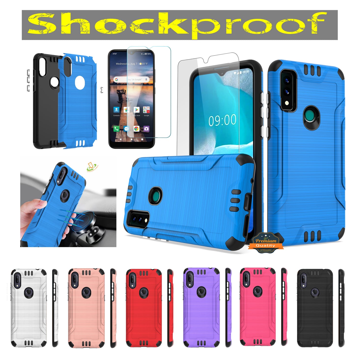 For AT&T Maestro 3 Hybrid Dual Layer Slim Metallic Brush Texture Hard PC TPU Rubber with Screen Protector Tempered Glass  Phone Case Cover