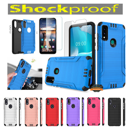 For AT&T Maestro 3 Hybrid Dual Layer Slim Metallic Brush Texture Hard PC TPU Rubber with Screen Protector Tempered Glass  Phone Case Cover