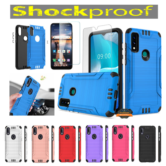 For AT&T Maestro 3 Hybrid Dual Layer Slim Metallic Brush Texture Hard PC TPU Rubber with Screen Protector Tempered Glass  Phone Case Cover