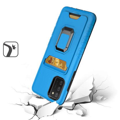 For Samsung Galaxy A02S Wallet Case Designed with Credit Card Holder & Ring Stand Kickstand Heavy Duty Hybrid Armor Blue Phone Case Cover