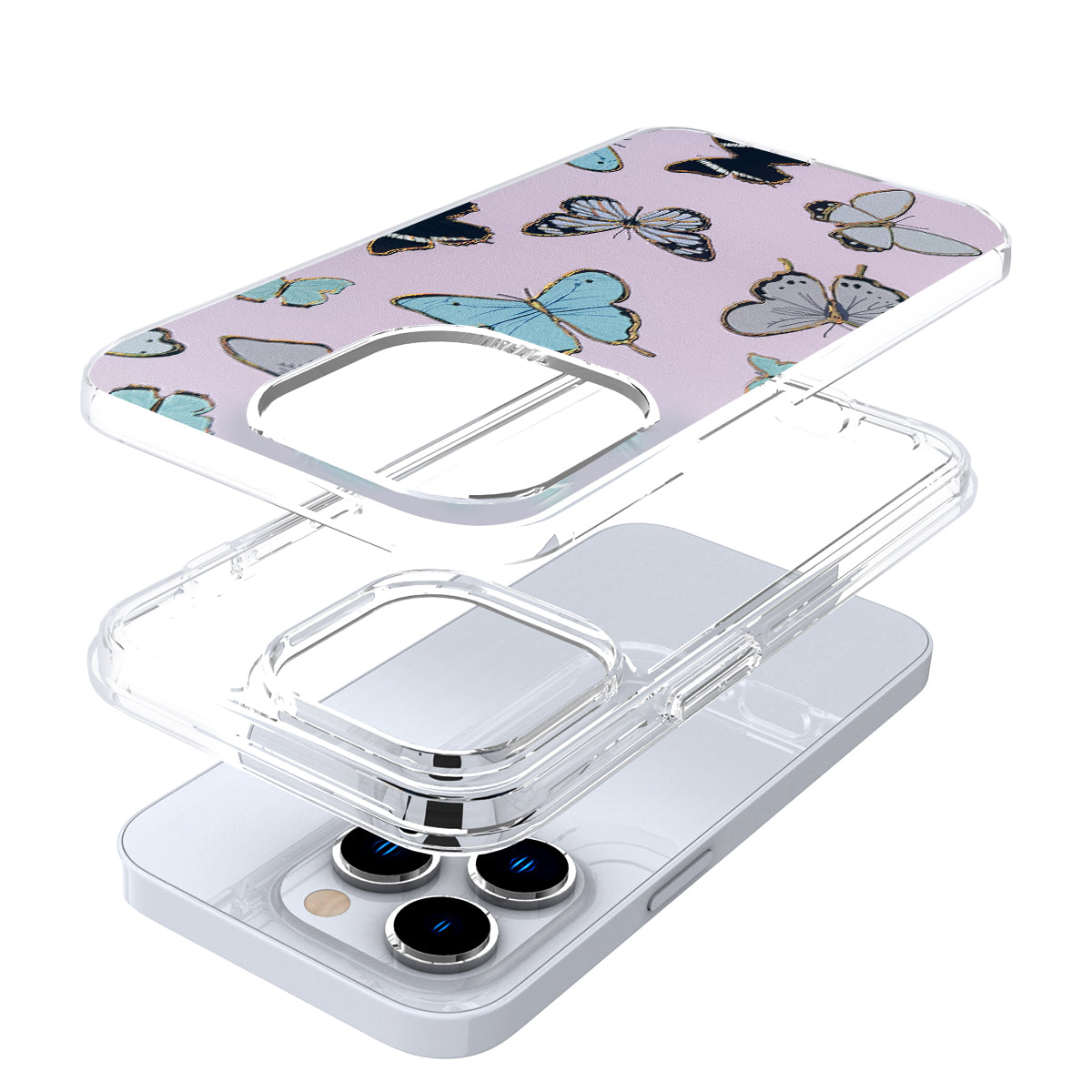 For Apple iPhone 11 (6.1") Electroplated Gold Frame Glitter Bling Transparent Hybrid Hard PC Rubber Shockproof Butterflies Phone Case Cover