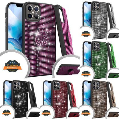 For Apple iPhone 13 /Pro Max Mini Luxury Glitter Sparkle Bling Rugged Hybrid Slim with Collapsible Stand Ring Holder Hard Shell Armor  Phone Case Cover