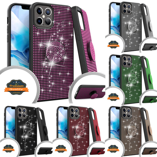 For Apple iPhone 14 (6.1") Luxury Glitter Sparkle Bling Rugged Hybrid Slim with Collapsible Stand Ring Holder Hard Shell  Phone Case Cover