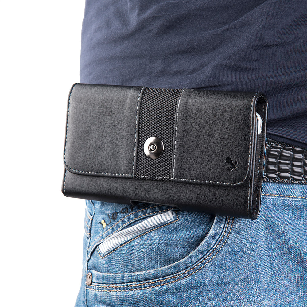 For Nokia C200 Universal Leather Case with Belt Clip and Loop Holster Phone Cover Magnetic Closure Horizontal Carry-on Pouch [Black]