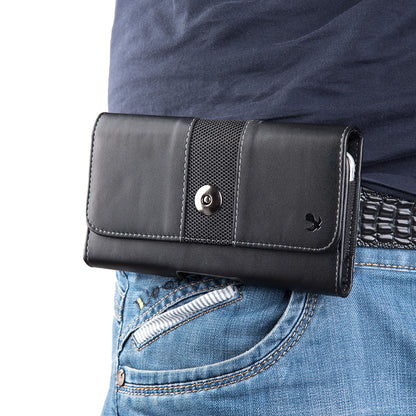 For Nokia C200 Universal Leather Case with Belt Clip and Loop Holster Phone Cover Magnetic Closure Horizontal Carry-on Pouch [Black]