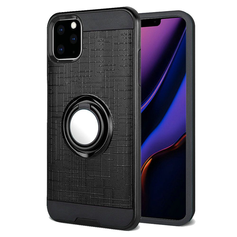 For Apple iPhone 13 (6.1") Hybrid Ring Stand Brushed with 360 Rotating Ring Magnetic Bracket Dual Layer TPU Armor Texture Rugged  Phone Case Cover